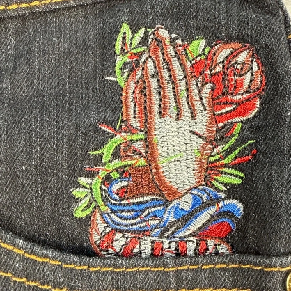 Christian Audigier Jeans Mens 31x34 Straight Dark Wash Embroidered Tattoo EUC